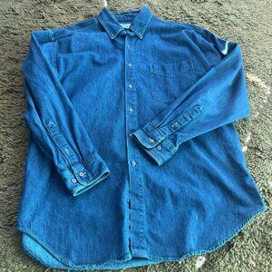 Vtg World Island Green Denim Button Shirt Mens L USA 90s